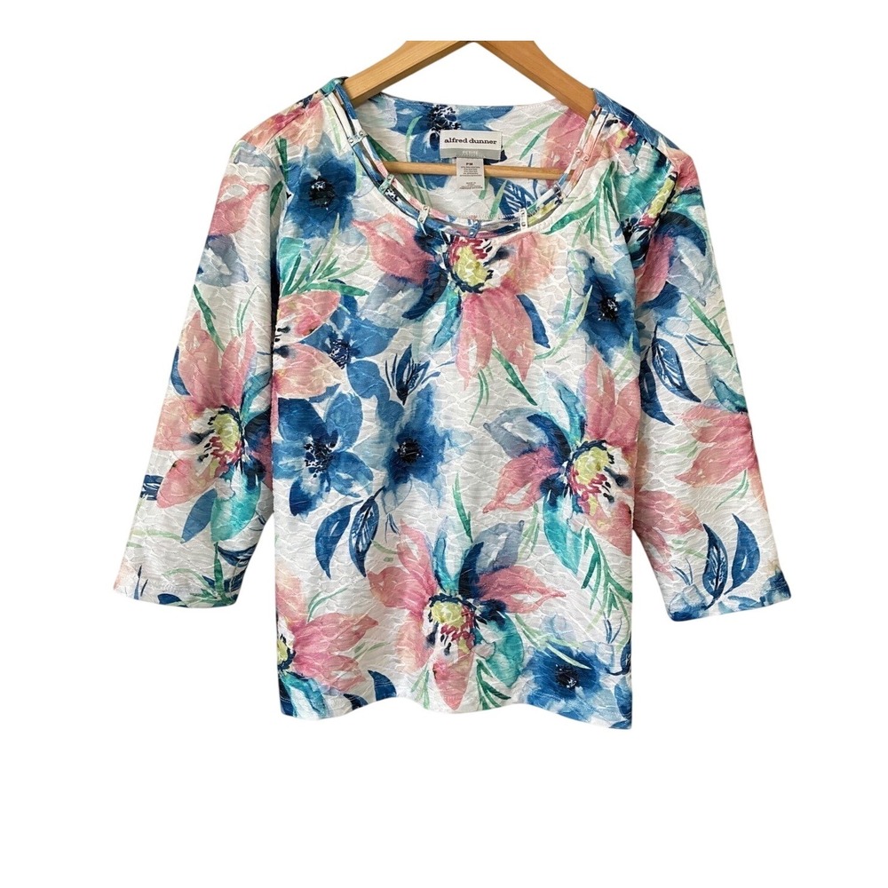 Alfred Dunner Petite Floral 3/4 Sleeve Top Blue Pink Textured Blouse PM Casual
